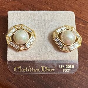 =Christian Dior Earrings Faux Pearl Gold Tone Rhinestones 14K Posts NWT